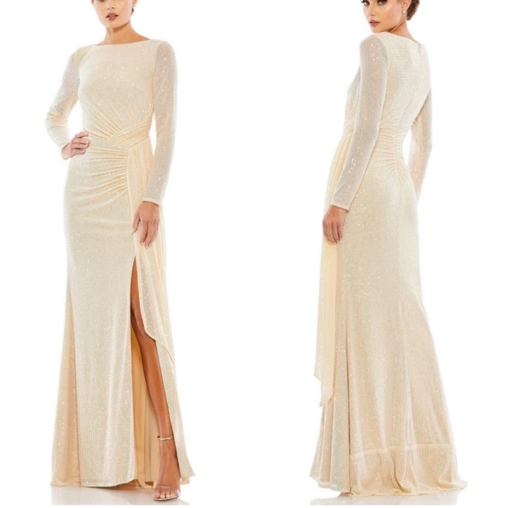 MAC DUGGAL Sequined Ruched Long Sleeve Boat Neck Gown Dress in Pearl Size 6 NWOT